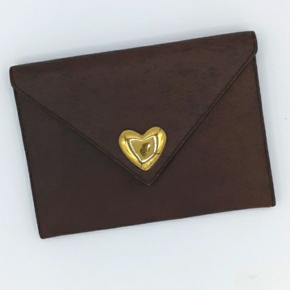 Moschino clutch brown leather with gold heart vintage 90s